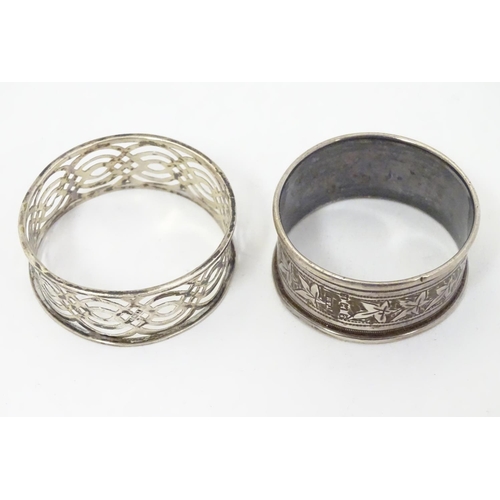 354 - Two silver napkin rings, one with pierced latticework decoration hallmarked Birmingham 1910 maker Wi... 