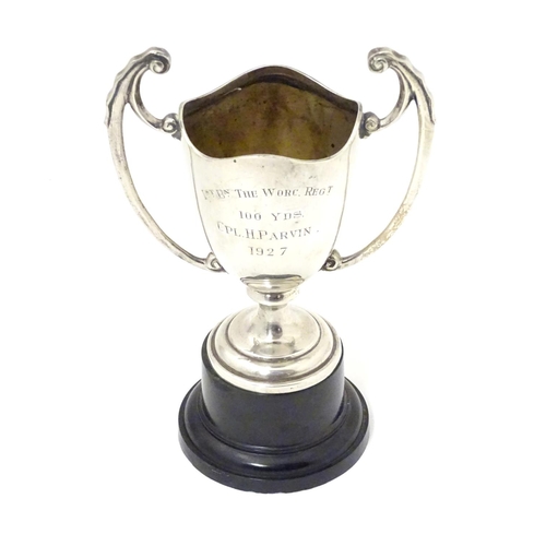 367 - A silver twin handled trophy cup with an inscription relating to Cpl. H. Parvin of 1st Batallion The... 