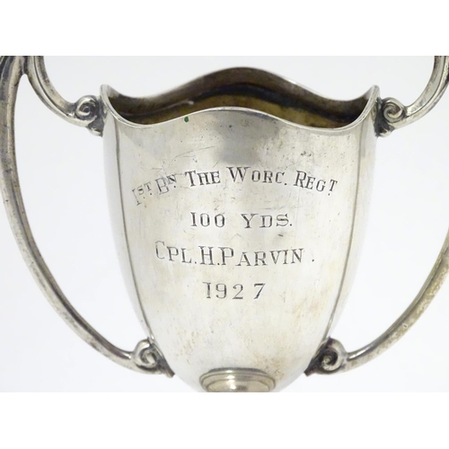 367 - A silver twin handled trophy cup with an inscription relating to Cpl. H. Parvin of 1st Batallion The... 