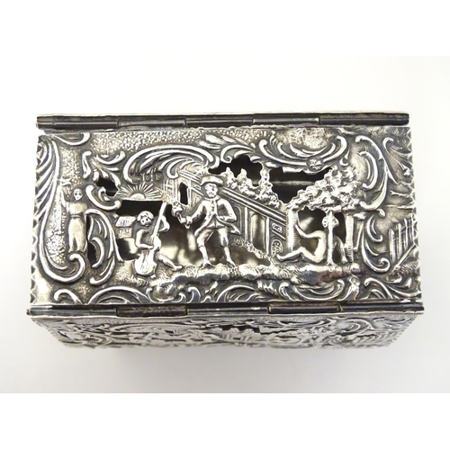 385 - A Continental silver novelty  pomander box formed as a drop flap table with figural and acanths deco... 