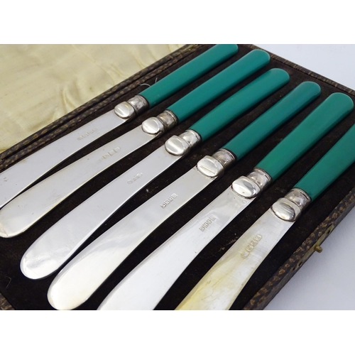 393 - A cased 6-place set of silver handled fish eaters with servers. The handles hallmarked Sheffield 193... 