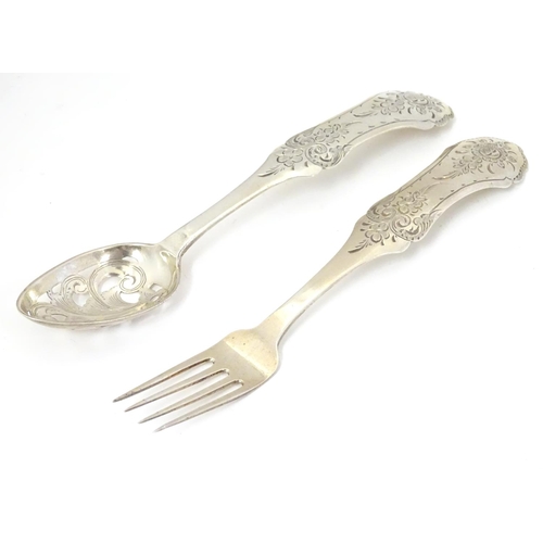 401 - A 19thC Dutch silver spoon with pierced detail to bowl and fork with engraved decoration to handles.... 