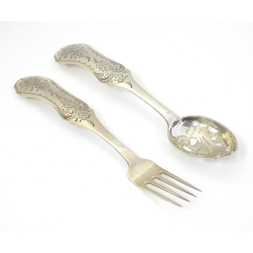 401 - A 19thC Dutch silver spoon with pierced detail to bowl and fork with engraved decoration to handles.... 