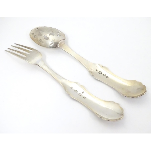 401 - A 19thC Dutch silver spoon with pierced detail to bowl and fork with engraved decoration to handles.... 