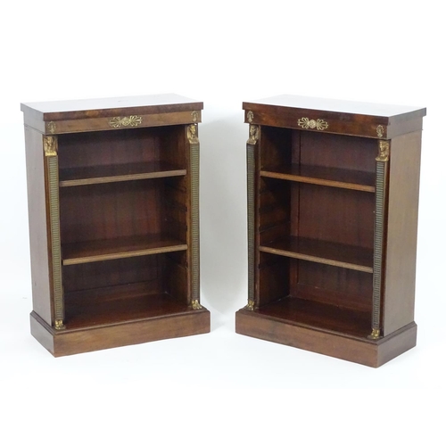 1372 - A pair of early 20thC Empire style mahogany bookcases, each having three shelves, gilt mounts and fl... 