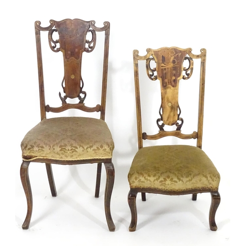 1555 - Two early 20thC side chairs with shaped top rails above tapered and pierced back splats with marquet... 