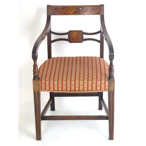 1558 - A Regency mahogany carver chair with a flame mahogany top rail and a shaped pierced mid rail, having... 