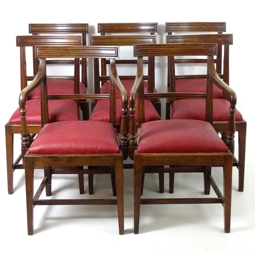 1561 - A set of eight (6+2) 19thC mahogany armchairs with moulded top rails above bowed mid rails and drop ... 