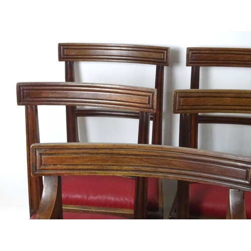 1561 - A set of eight (6+2) 19thC mahogany armchairs with moulded top rails above bowed mid rails and drop ... 