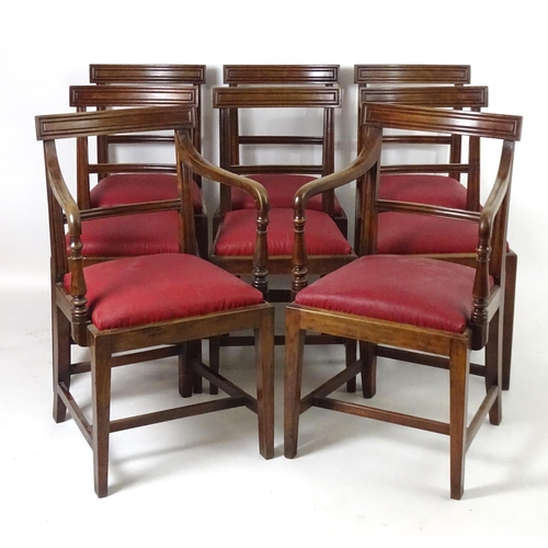 1561 - A set of eight (6+2) 19thC mahogany armchairs with moulded top rails above bowed mid rails and drop ... 