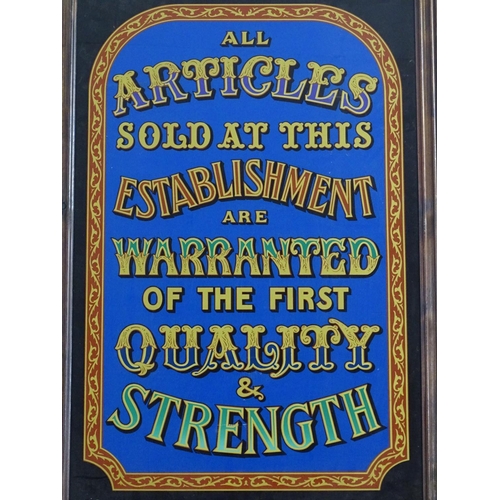 1347 - A framed reverse glass polychrome printed advertising sign ' All Articles sold at this establishment... 