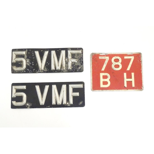 1349 - Vintage cars, motoring: a pair of vintage British vehicle number plates, black with silver lettering... 