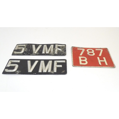 1349 - Vintage cars, motoring: a pair of vintage British vehicle number plates, black with silver lettering... 