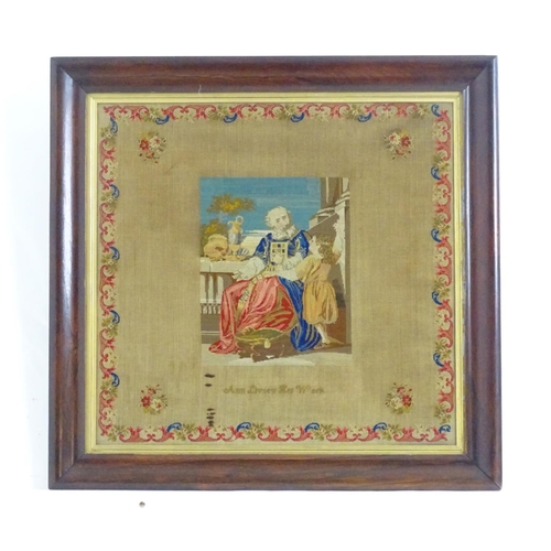 1358 - An early 20thC needlework / embroidery / tapestry sampler depicting a philosopher and student in a c... 