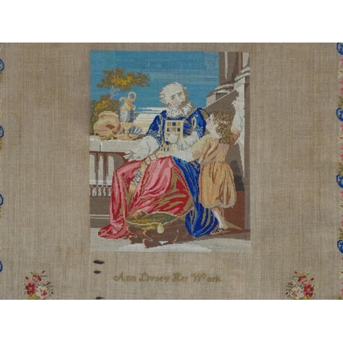 1358 - An early 20thC needlework / embroidery / tapestry sampler depicting a philosopher and student in a c... 