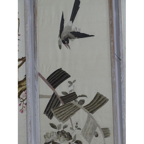 1360 - Three 20thC Chinese embroideries, comprising a bird in flight above branches of blossom, a crane in ... 