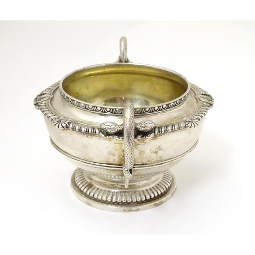 432 - A Victorian silver sugar bowl with twin handles, hallmarked London 1866, maker Edward & John Barnard... 