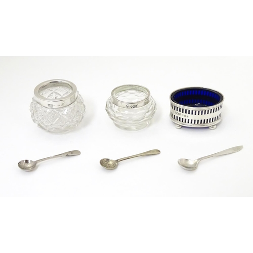 471 - 3 various salts, two of cut glass form with silver rims, the other a pierced silver salt frame with ... 