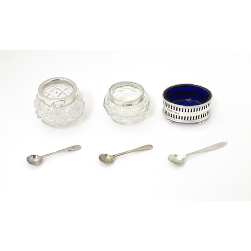 471 - 3 various salts, two of cut glass form with silver rims, the other a pierced silver salt frame with ... 