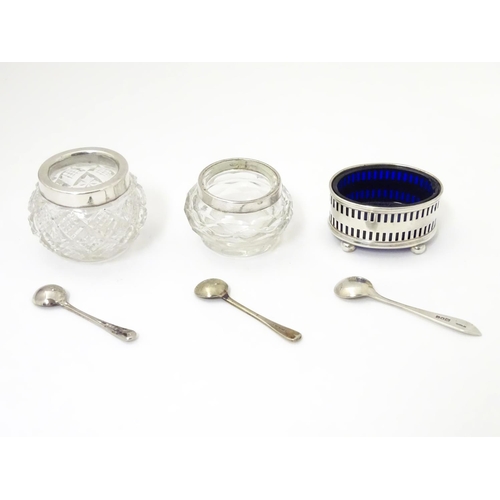 471 - 3 various salts, two of cut glass form with silver rims, the other a pierced silver salt frame with ... 