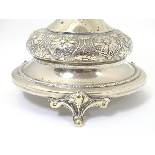 476 - A late 19thC / early 20thC silver plate and glass centre piece with provision for epergne glass flut... 