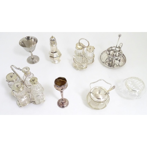 492 - Assorted silver plated wares to include cruets, bud vase, caster, glass and silver plate preserve po... 