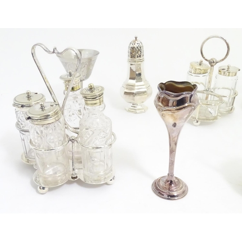 492 - Assorted silver plated wares to include cruets, bud vase, caster, glass and silver plate preserve po... 