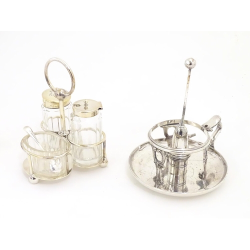 492 - Assorted silver plated wares to include cruets, bud vase, caster, glass and silver plate preserve po... 