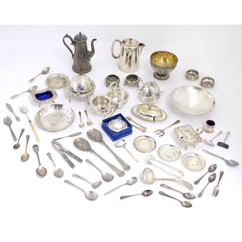 494 - Assorted silver plated wares to include various flatware, dishes, bowls hot water pot etc