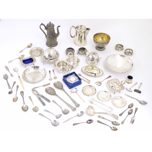 494 - Assorted silver plated wares to include various flatware, dishes, bowls hot water pot etc