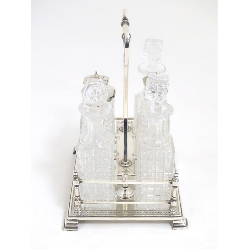 495 - Assorted silver plated wares to include table forks, 3 piece tea set and 6 bottle cruet stand and bo... 