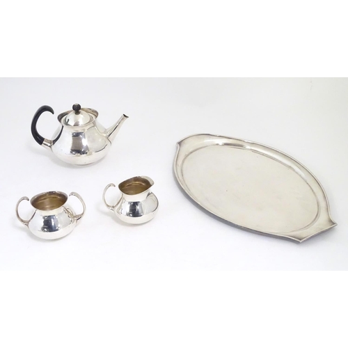 497 - Eric Clements:  Eric Clements for Elkington & Co modernist silver plated three piece bachelor tea se... 