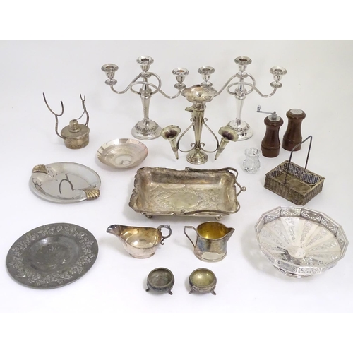 501 - A quantity of assorted silver plate wares etc to include epergne, three branch candelabra, tazza, sa... 