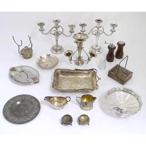 501 - A quantity of assorted silver plate wares etc to include epergne, three branch candelabra, tazza, sa... 