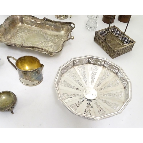 501 - A quantity of assorted silver plate wares etc to include epergne, three branch candelabra, tazza, sa... 