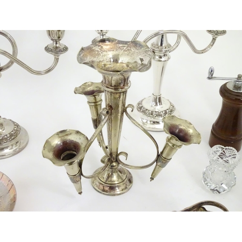 501 - A quantity of assorted silver plate wares etc to include epergne, three branch candelabra, tazza, sa... 