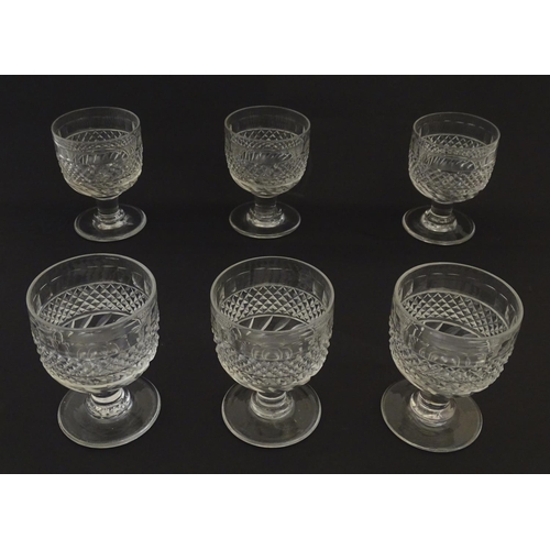 210 - 6 19thC pedestal drinking glasses / rummers with hobnail cut decoration. Approx 4 3/4