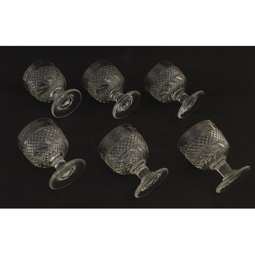 210 - 6 19thC pedestal drinking glasses / rummers with hobnail cut decoration. Approx 4 3/4