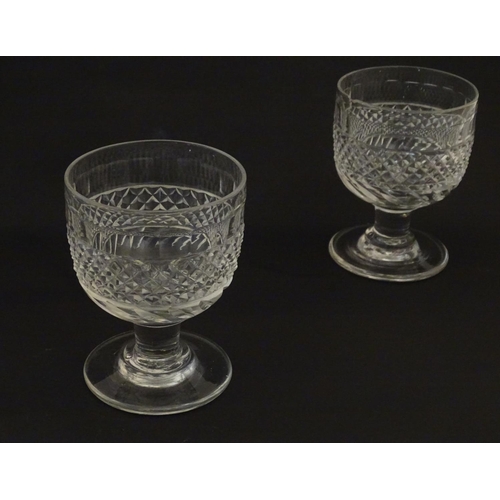 210 - 6 19thC pedestal drinking glasses / rummers with hobnail cut decoration. Approx 4 3/4