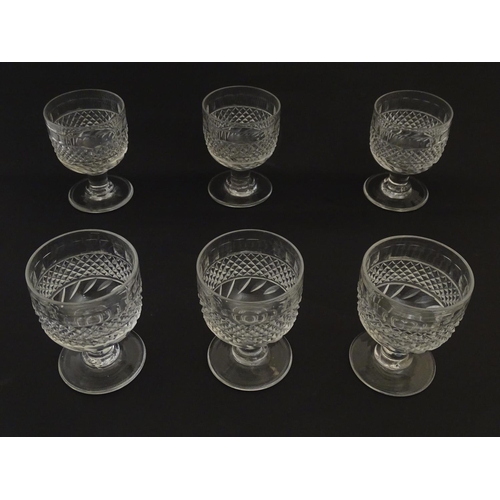 210 - 6 19thC pedestal drinking glasses / rummers with hobnail cut decoration. Approx 4 3/4