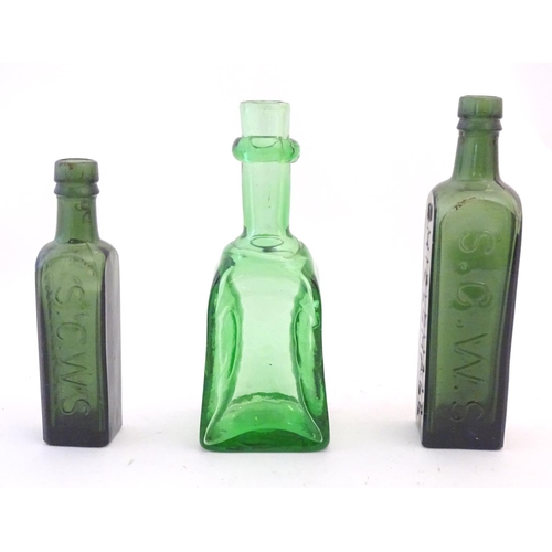 215 - 3 various green glass bottles including two with impressed details of  ' Shieldhall Essence of Coffe... 