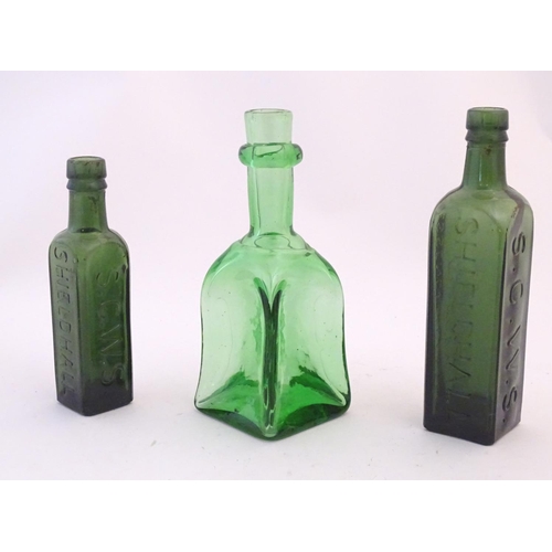 215 - 3 various green glass bottles including two with impressed details of  ' Shieldhall Essence of Coffe... 