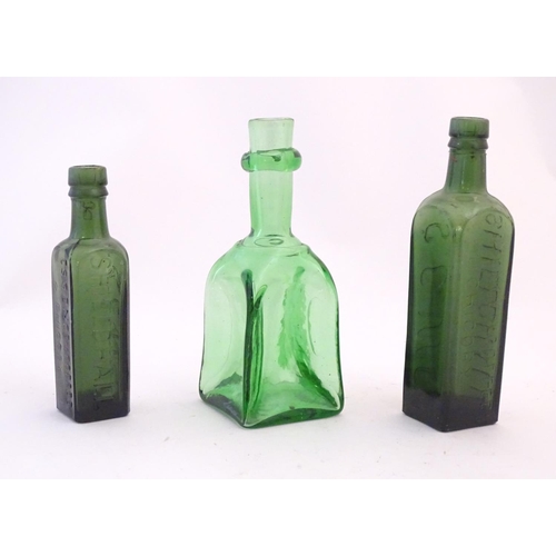 215 - 3 various green glass bottles including two with impressed details of  ' Shieldhall Essence of Coffe... 