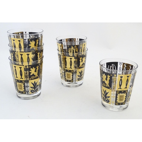 221 - A set of 6 20thC drinking glasses gilt and black decoration. 4 1/2