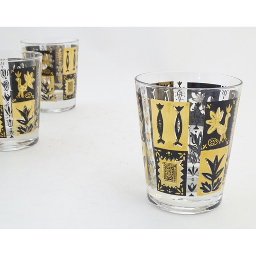 221 - A set of 6 20thC drinking glasses gilt and black decoration. 4 1/2