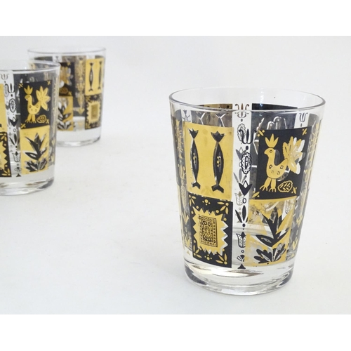 221 - A set of 6 20thC drinking glasses gilt and black decoration. 4 1/2