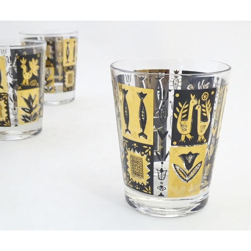 221 - A set of 6 20thC drinking glasses gilt and black decoration. 4 1/2