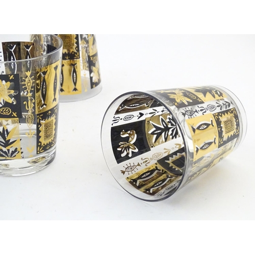 221 - A set of 6 20thC drinking glasses gilt and black decoration. 4 1/2