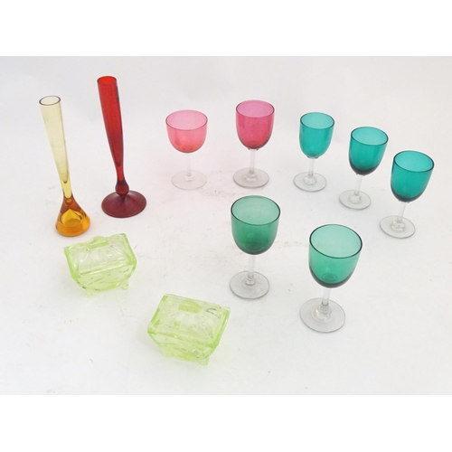 228 - Assorted glass items to include cranberry and green glass drinking glasses, Art Deco lime green glas... 