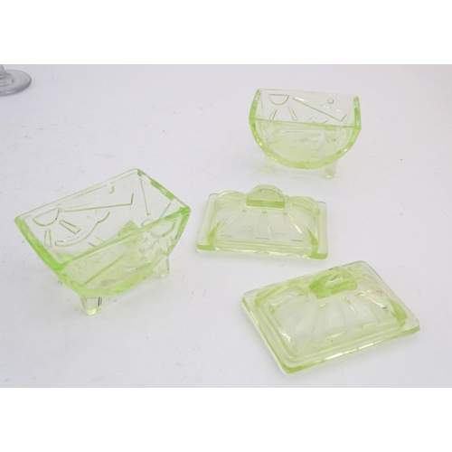 228 - Assorted glass items to include cranberry and green glass drinking glasses, Art Deco lime green glas... 